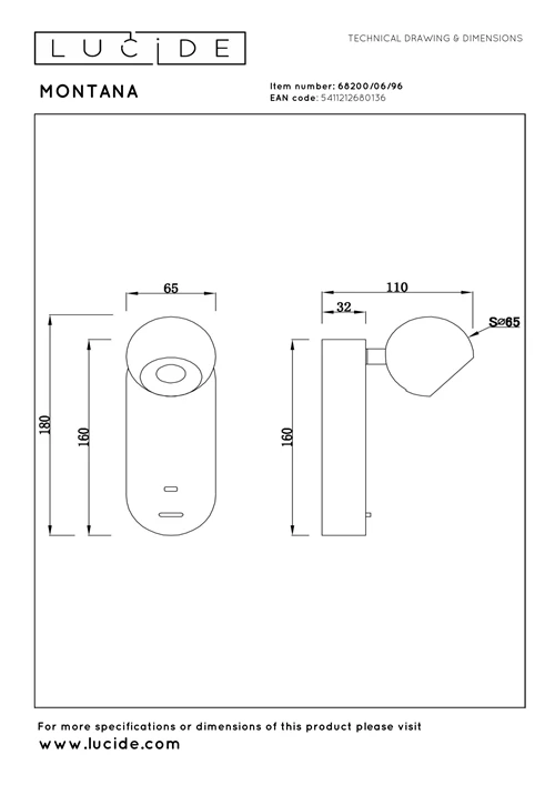 Lucide MONTANA - Applique murale - LED - CCT - 1x6,3W 2700K/4000K - Point de rechargement USB - Café | Premium - technique